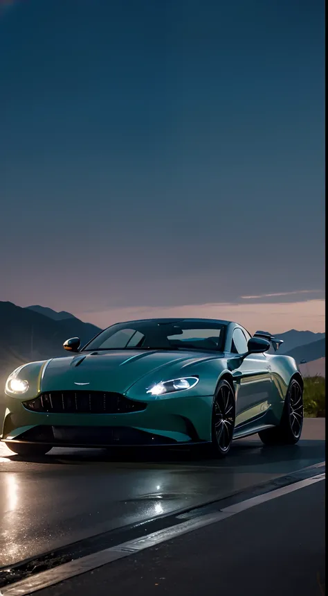 Aston Martin sports car，Frontal bodywork，professional photoshooting，k hd，4K，nigth（1.2），lamplight，rays of moonlight（1.3），Airstrip（1.2），horizon