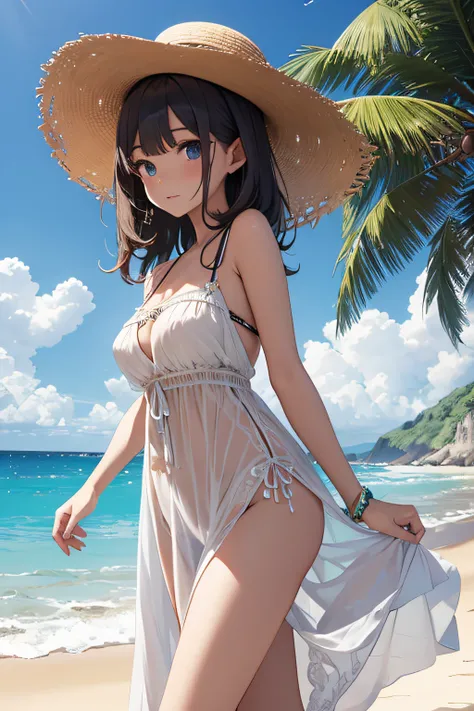 ​masterpiece、Massive landscape（（Mysterious Sea、sand beach））、20yr old、a beauty girl、huge tit、Embroidery on a long dress、a straw fedora hat