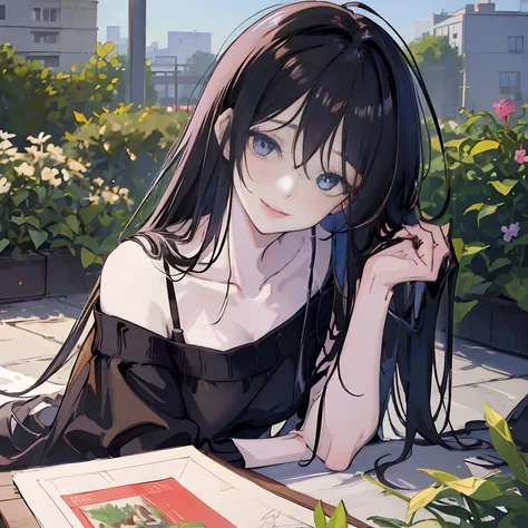 ((masterpiece, best quality)), (()), Anime version, ((Anime girl)), long black hairstyle, messy front hair, laying down in garden on back, wearing slightly yellow sweater, double eyelashes, thin lips, shiny deep blue eyes, pale skin, looking towards viewer...