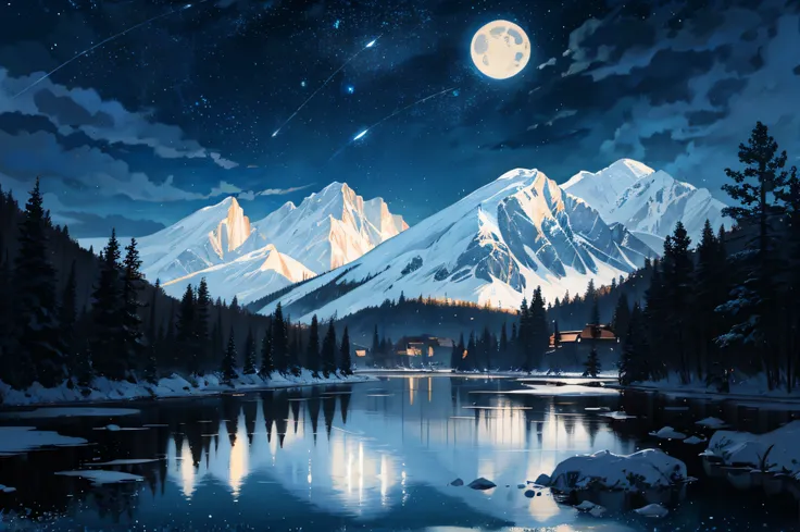 A painting of a river with stars and moon in the sky, concept art inspired by Tosa Mitsuoki, pixiv contest winner, best quality, fantasy art, beautiful anime scene, a bright moon, moonlit starry environment, dream painting, Anime Background Art, Fantasy La...