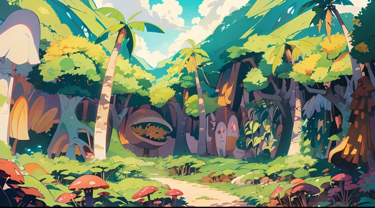 (anime style background, anime background illustration:1.3), (detailed, high quality, high resolution, masterpiece), a shady jungle, palm trees, some trees with and, monstera leafs, mushrooms, big rocks under the trees, (mountain in the background), (empty...