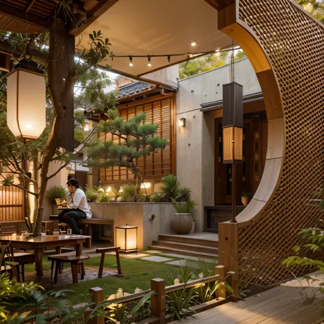 A Japanese-style café typically exudes a subtle, nature-infused charm, emphasizing tranquility and aesthetics. Patrons often revel in a cozy, sophisticated, and creatively crafted space. The exterior usually boasts simple architecture with gentle colors, n...