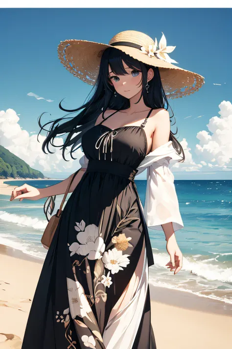 ​masterpiece、Massive landscape（（Mysterious Sea、sand beach））、a beauty girl、huge tit、Embroidery on a long black and white dress、Straw hat with floral decoration