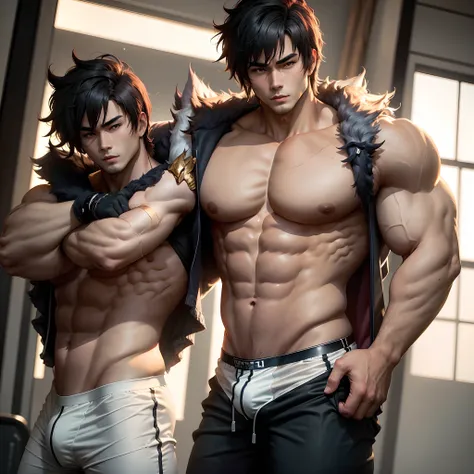 Masterpiece, Best quality, Solo, Korean man, gym background, body builder, muscle body, musculous, Natural eyes, large bulge, short detailed hair, Sexy guys, looking at viewert, top less, Black briefs, Triangle mens underwear, a little, standing, musculatu...