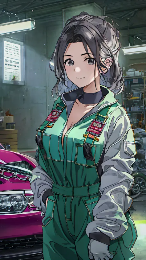 20-year-old woman working in a car repair shop、Looks fun、Coveralls、sports car on the background、Backlight illumination