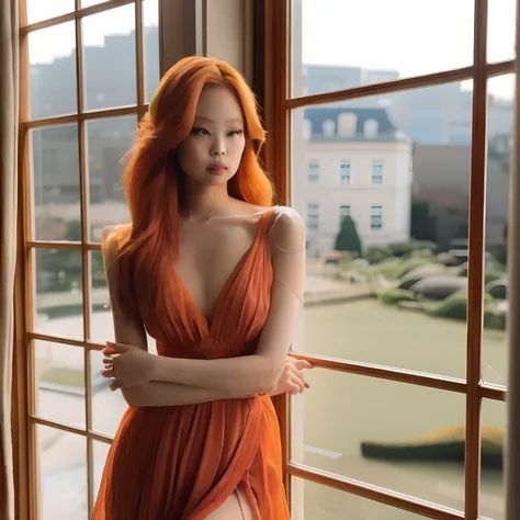 Arafed woman in an orange dress standing by a window, ela tem cabelos longos e redorange, flowing ginger hair, pele laranja e cabelo ardente longo, pose elegante e deslumbrante, Deusa dos cabelos ruivos, longos cabelos ondulados laranja, Mulher sul-coreana...