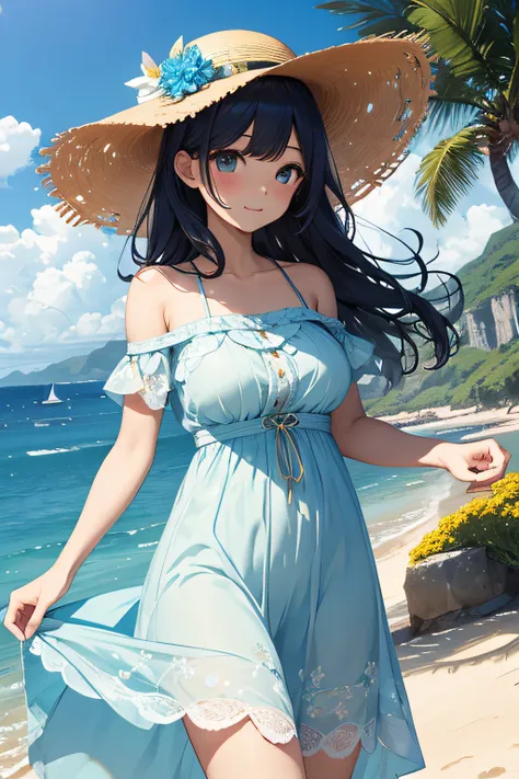 ​masterpiece、Massive landscape（（Mysterious Sea、sand beach））、a beauty girl、huge tit、Embroidery on a long light blue dress、Straw hat with yellow flower ornament