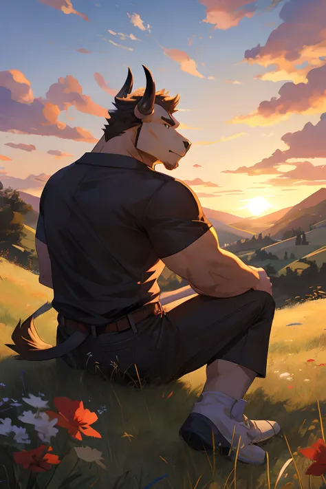 "Masterpiece, Cool Pose, Furry bulls, bull, Medium Fit Body, Casual Set, Fierce, Good looking, Smirking, Breeze wind, Comfortable, Looking To Back, Sitting In Grass, High Ground, Sunset, Hill Background"