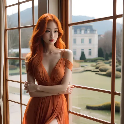 Arafed woman in an orange dress standing by a window, ela tem cabelos longos e redorange, flowing ginger hair, pele laranja e cabelo ardente longo, pose elegante e deslumbrante, Deusa dos cabelos ruivos, longos cabelos ondulados laranja, Mulher sul-coreana...