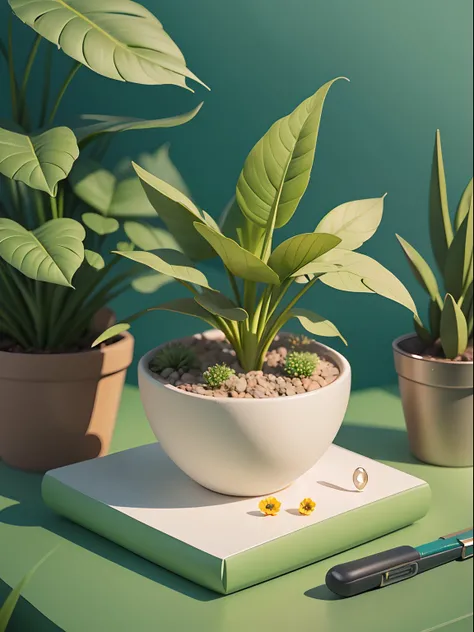 Best Picture Quality，Super clear，Desktop illustration drawn in cartoon style. Add natural elements, As plants and flowers, And use a soft color palette to create a relaxing atmosphere.