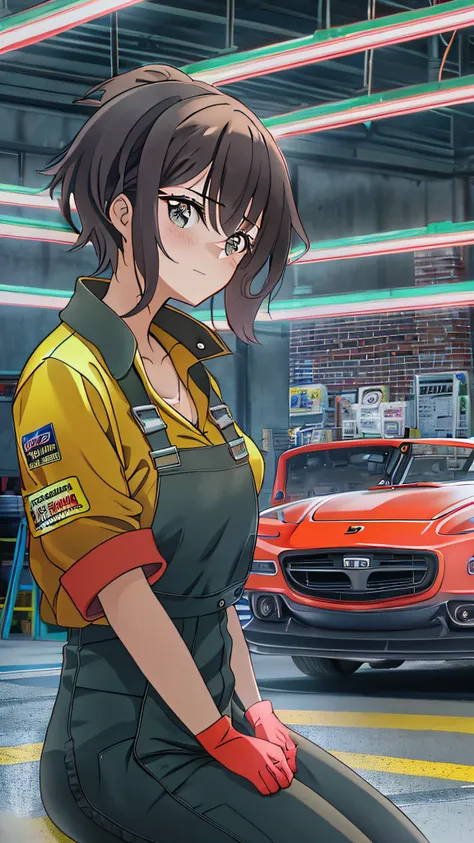 20-year-old woman working in a car repair shop、Looks fun、Coveralls、short-hair、sports car on the background、Backlight illumination