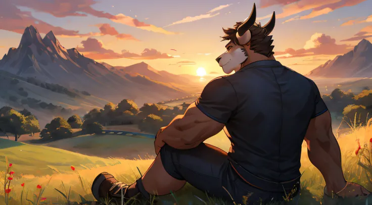 "Masterpiece, Cool Pose, Furry bulls, bull, Medium Fit Body, Casual Set, Fierce, Good looking, Smirking, Breeze wind, Comfortable, Looking To Back, Sitting In Grass, High Ground, Sunset, Hill Background"