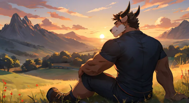 "Masterpiece, Cool Pose, Furry bulls, bull, Medium Fit Body, Casual Set, Fierce, Good looking, Smirking, Breeze wind, Comfortable, Looking To Back, Sitting In Grass, High Ground, Sunset, Hill Background"