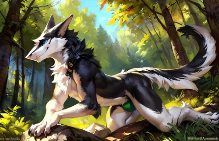 独奏，Sergal，Vigorous  ((Black and white)) ((Male) (anthro) ([Sergar])), hi，Its nothing, In the forest, Soft Shading, (Detailed fur: 1.1), happy looking, (Male), (Solo: 1.1), ),, tail raised, ( Blue eyes: 1.1), (Detailed eyes: 1.1), (Detailed), (Masterpiece: ...