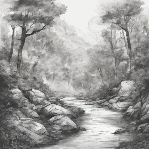 landscape, Deciduous forest, precipice, River, charcoal sketch, Very detailed and detailed