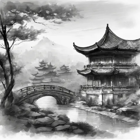 landscape,Nanjings Characteristic Jiangnan Classical Garden，charcoal sketch, Very detailed and detailed