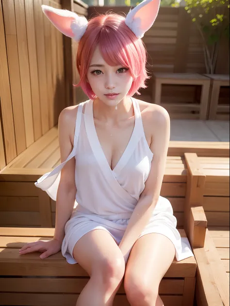 Pink hair、Super Sento Sauna、Sit in the sauna、Work up a sweat in the sauna、sauna、Enter the sauna、fullnude、fullnude、Wrap a white cloth around your chest、Wrap a white towel around your chest、Pink short cut hair、Pink short cut hair，(8K, top-quality, ​masterpie...