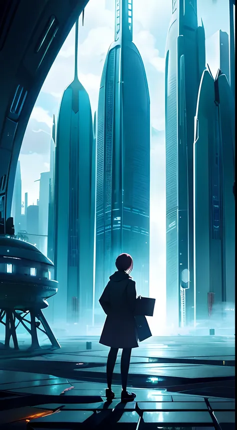 Cover of a science fiction novel、Letter pear、A mysterious person in an anime style１Person-centered placement、The background is a futuristic city、The colors are dark.、Lots of white space