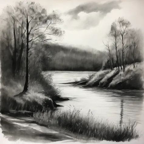 Coarse charcoal sketch on old paper,landscape, Deciduous forest, precipice, River, Clean line art,+Expressive lines,Painting in an expressive sketch style, hatching, Black and white sketch, handpainted, Coarse charcoal sketch on old paper, landscape, Decid...