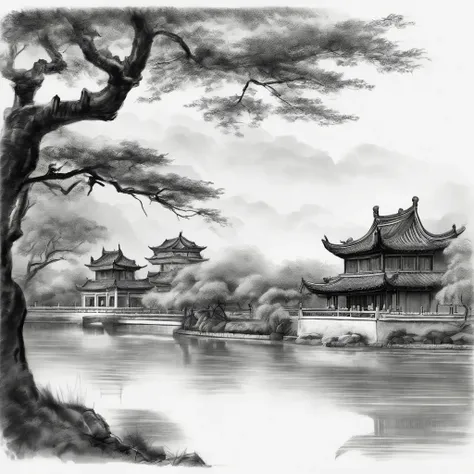 "(best quality,4k,8k,highres,masterpiece:1.2),ultra-detailed,(realistic,photorealistic,photo-realistic:1.37),charcoal sketch on old paper,traditional Jiangnan classical garden in Nanjing,simple line art,+expressive lines,expressive sketch drawing style,hat...