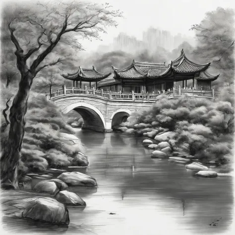 "(best quality,4k,8k,highres,masterpiece:1.2),ultra-detailed,(realistic,photorealistic,photo-realistic:1.37),charcoal sketch on old paper,traditional Jiangnan classical garden in Nanjing,simple line art,+expressive lines,expressive sketch drawing style,hat...