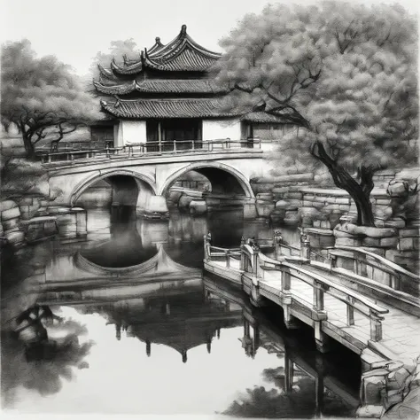 "(best quality,4k,8k,highres,masterpiece:1.2),ultra-detailed,(realistic,photorealistic,photo-realistic:1.37),charcoal sketch on old paper,traditional Jiangnan classical garden in Nanjing,simple line art,+expressive lines,expressive sketch drawing style,hat...