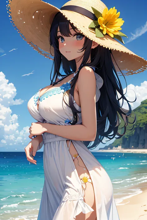 ​masterpiece、Massive landscape（（Mysterious Sea、sand beach））、a beauty girl、huge tit、Embroidery on a long white dress、Straw hat with yellow flower ornament