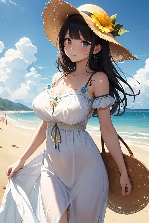 ​masterpiece、Massive landscape（（Mysterious Sea、sand beach））、a beauty girl、huge tit、Embroidery on a long white dress、Straw hat with yellow flower ornament