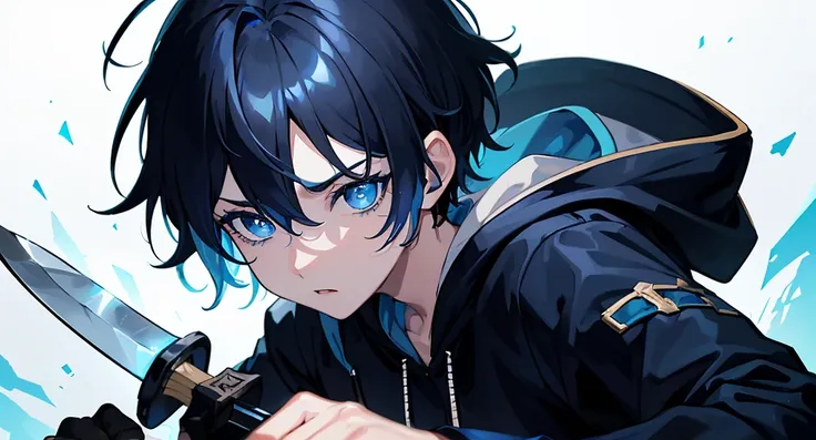 black backgrounds、brilliance、Particles of light、chromatic abberation、(One Boy:1.3)、A dark-haired、(Blue Jacket Hood)、(blue eyess:1.6)、Works with colorful textures、(hair messy:1.2)、short-hair、(Boy fighting with a knife:1.3)、Boy with a blue dagger、Blue knife、...