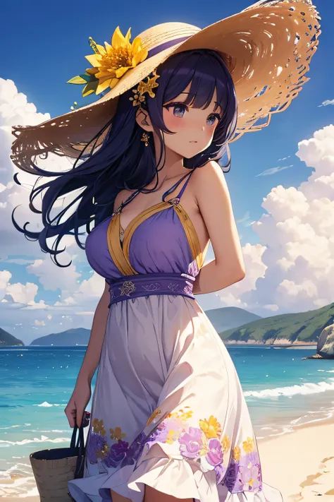 ​masterpiece、Massive landscape（（Mysterious Sea、sand beach））、a beauty girl、huge tit、Embroidery on a long light purple dress、Straw hat with yellow flower ornament