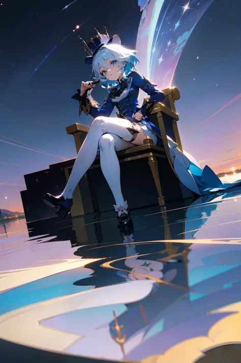 Masterpiece, best quality, bright starry, reflection, Anime landscape, detailed scenery, enhanced details. Furina, sat on throne, legs crossed, thick thighs, white thigh highs, small breasts, top hat