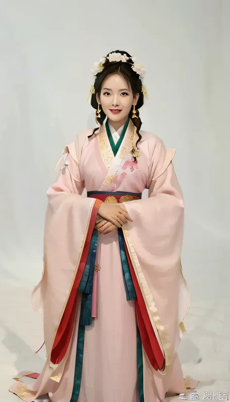 a woman in a pink dress poses for a photo, wearing ancient chinese clothes, hanfu, traditional chinese clothing, with acient chi...