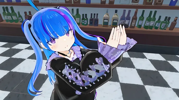 Half-twin tails with blue hair、Purple Mesh、Black-purple clothes、Background bar