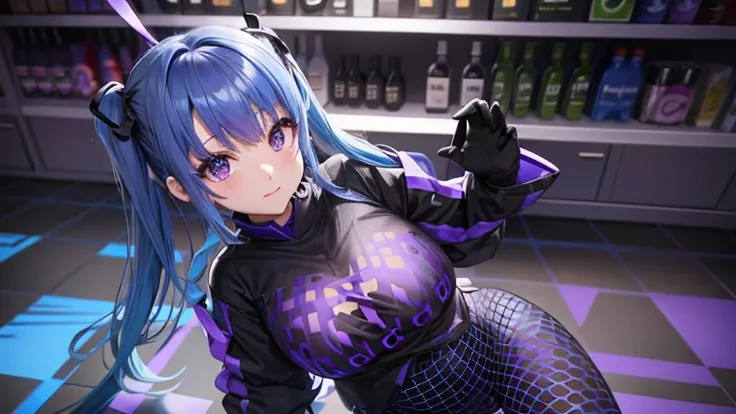 Half-twin tails with blue hair、Purple Mesh、Black-purple clothes、Background bar