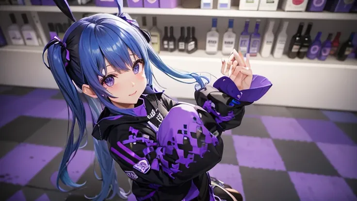 Half-twin tails with blue hair、Purple Mesh、Black-purple clothes、Background bar