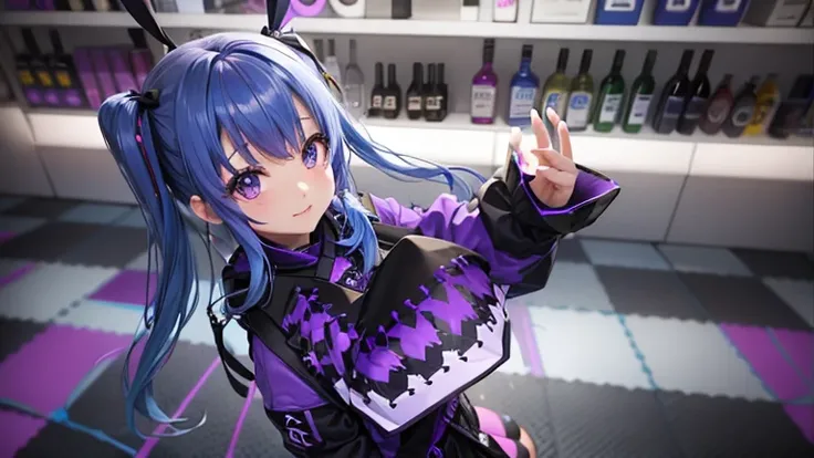 Half-twin tails with blue hair、Purple Mesh、Black-purple clothes、Background bar