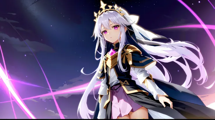 Cute very little girl Illyasviel from fate has long silvery-white hair,pink eyes,wearing saint seiya armor and very long pink skirt,desert night sky nebulae in background,very little girl,loli,kawaii,anime style,Lumen Reflections,Screen Space Reflections,D...