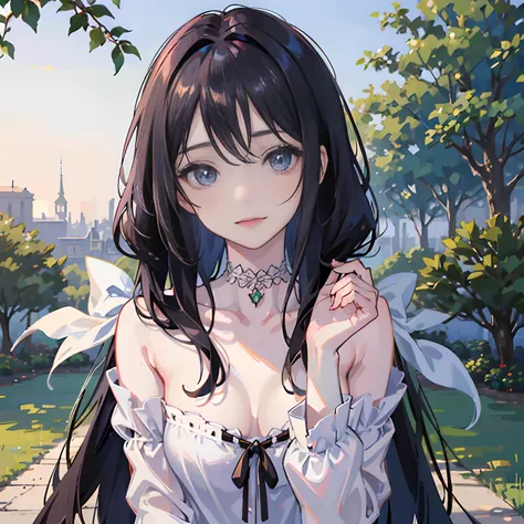 ((masterpiece, best quality)), (()), Anime version, long black hairstyle, messy front hair, laying down in garden, (wearing white sweater), double eyelashes, thin lips, shiny deep blue eyes, pale skin, looking towards viewer, (collarbone), slight smile, in...