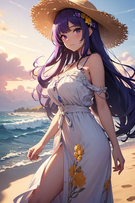 ​masterpiece、Massive landscape（（Mysterious Sea、sand beach））、a beauty girl、huge tit、Purple hair long、Embroidery on a long dress、Straw hat with yellow flower ornament