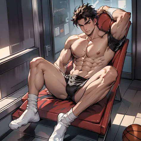 Boy, CG sense, bodybuilding sexy, thong, big bag, wearing white basketball socks, half reclining