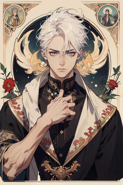 (absurdress, hight resolution, overdetalization), 1 male, grown up, long snow-white hair, sad face, cutest, tall muscular guy, Flames swirl around him, wide shoulders, Detailed eyes and detailed face, fool tarot, bard, clown, Symbolism, visual art, occulti...