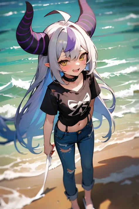 ((Laplus darkness)), ((Masterpiece)), ((highly saturated)), from above, (High Definition:1.3), (Professional Photography:1.2), (flat body), ahoge, (blush, very naughty laugh face), ragged cute T-shirt, doodling in torn overalls, (exposed cute navel), (silk...