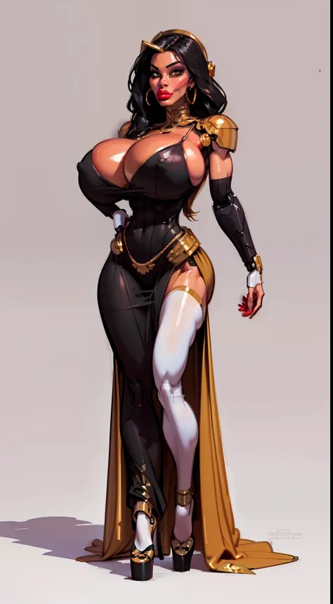 ((masterpiece)),(((best quality))),((character design sheet)), ((full body view)) ((cyberpunk empress)) mature face, ((middle eastern eyes:1.4)), ((cybernetic gown)), intricate futuristic breastplate, defined cheekbones, high cheekbones, illustration, musc...