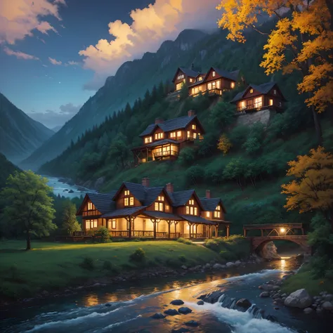 authentic, vibrant, warming, night, oil painting, beautiful house on a hill, vibrant colors, flowing colors, river flowing