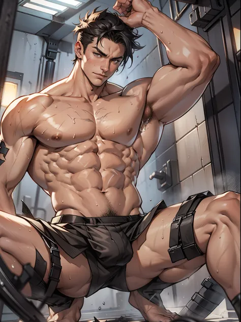 A tall muscular boy , Naked , Legs spread , impact , Sweaty , Wet , Seductive , Bigboobs , large bulge , big balls , look from down , From the knees , big assa，mechs，punky style