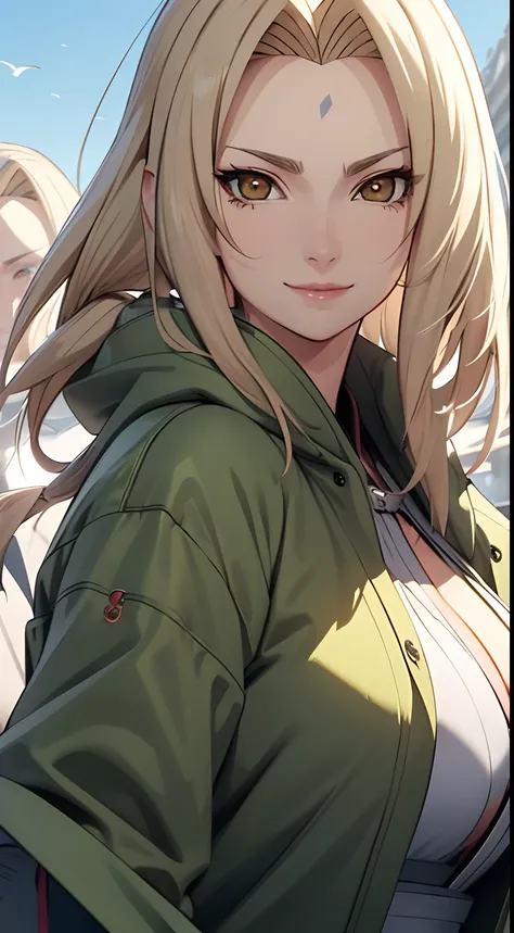 （tmasterpiece：1.3），blonde  hair，green coat，Golden Eyes，ssmile，Slightly fat big，Be red in the face，best qualtiy，Very detailed，Bust Photo，Approaching the lens，SFW，delicate and beautiful face，Sea beach，rays of sunshine，baiyun，Flying birds