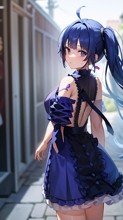 Blue-haired、Purple Mesh、Twin-tailed、Dark blue dress、bloody、Back alley in the background