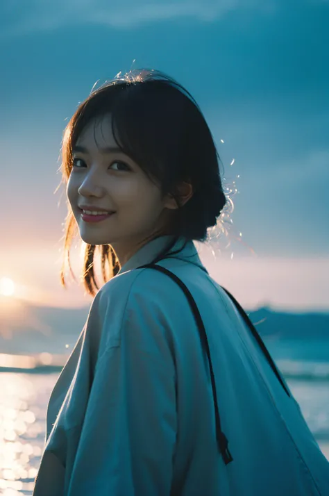 Best quality,Masterpiece,超高分辨率,(Realisticity:1.4),Original photo,Cinematic lighting,
1girll,Smile,back lit lighting,Ocean,sideface，a tall nose