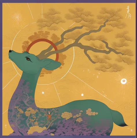 There is a painting of a deer，A tree in the background, in the art style of ukiyo - e, inspired by Tani Bunchō, Japanese style painting, inspired by Matsuno Chikanobu, inspired by Miyagawa Isshō, inspired by Shūbun Tenshō, Masterpiece works of art