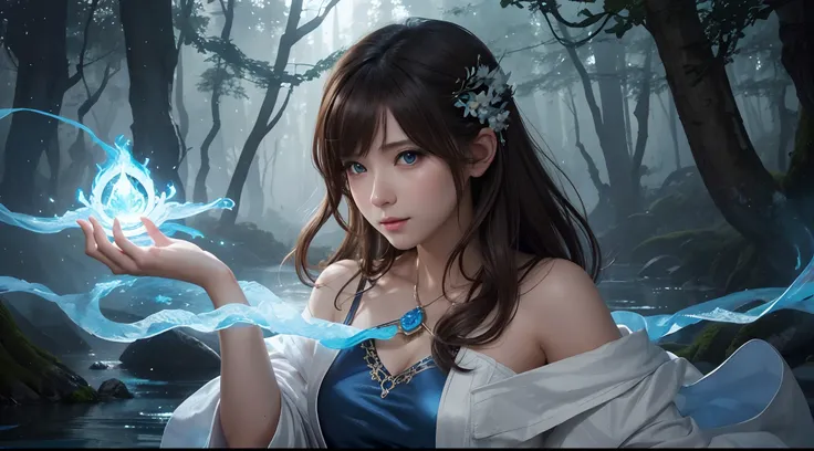 hightquality、8K Ultra HD、fullllbody、1 16-year-old female、Gentle smile、Rich facial expressions、beauty legs、robe blanche、light brown hair、Blue eyes、(The background is a lovely healing forest and the murmur of a river)、cute little、Beautiful fece、portlate、art ...